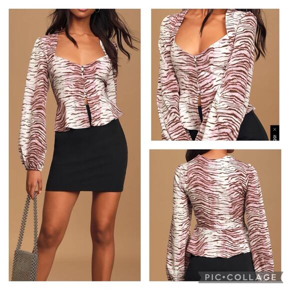 Lulu's New Womens XS Wild Gaze Animal Print Button-Up Long Sleeve Peplum Top - Picture 1 of 13
